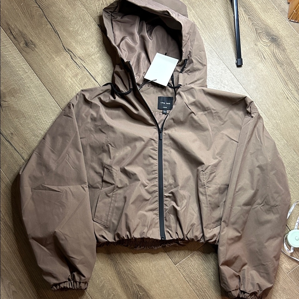 Love Tree Cropped Hooded Windbreaker Jacket in Taupe